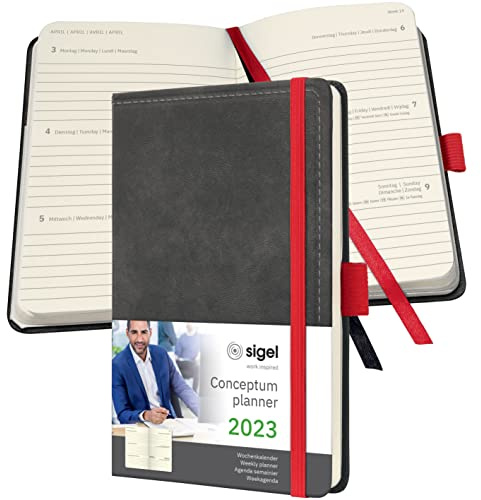 SIGEL C2358 Terminplaner Wochenkalender 2023 - Vintage Design - Lederoptik - ca. A6 - dunkelgrau - Hardcover - 176 Seiten - Gummiband, Stiftschlaufe, Archivtasche - PEFC-zertifiziert - Conceptum