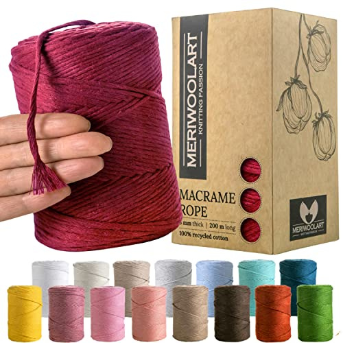 MeriWoolArt® Makramee Garn Rot - Makramee Garn 3mm farbig 200m - Super weiches Garn, einfach gedrehte Makramee Schnur - Öko-Tex 100% recyceltes Baumwollgarn farbig - DIY Boho Deko Makramee