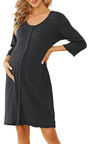 KOJOOIN Damen Nachthemd Geburt Stillnachthemd 3/4 Ärmel Nachtwäsche Baumwolle Umstandsnachthemd mit Durchgehender Knopfleiste Nachtkleid (Verpackung MEHRWEG)