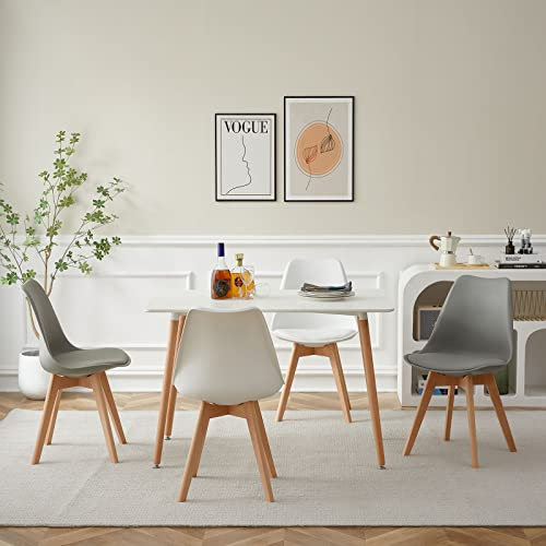 FURNITABLE Set aus Esstisch Weiß mit 4 Stühle,Esszimmergruppe für Küche Esszimmer Büro, Weiß + Grau