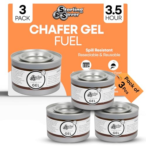 SterlingSaver Pack of 3 Chafing Dish Fuel Gel Cans 3.5 Hours | Odourless Heat Source Buffet Food Warmers for Indoor and Outdoor Use | 210 Mins Long Burn Time for Parties and Catering Events