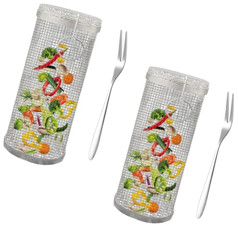 ?2 STÜCK?Rolling Grillkorb mit Gabel - Edelstahl Grillkorb Grill Korb mit Griff,Grillkorb Grill Rack für Außengrill Gemüse, BBQ Grillhalter Grill Korb für Pommes,Fisch,Garnelen,Camping Essentials