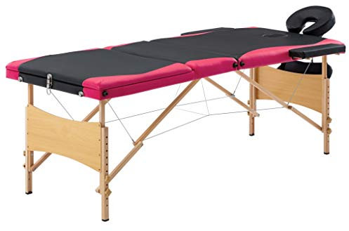 vidaXL Holz Massagetisch Klappbar 3 Zonen mit Tragetasche Therapie Massageliege Massagebank Kosmetikliege Therapieliege Massage Liege Schwarz Rosa