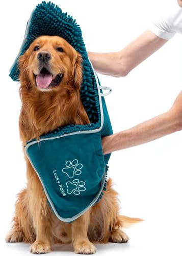 Lucky Paws® Chenille Dog Towel with Hand Pockets - UK Based Seller - Absorbent Microfibre Towel - Fast Drying - Super Soft - Machine Washable & Dryable - 88 x 32cm (Pack of 1, Teal)