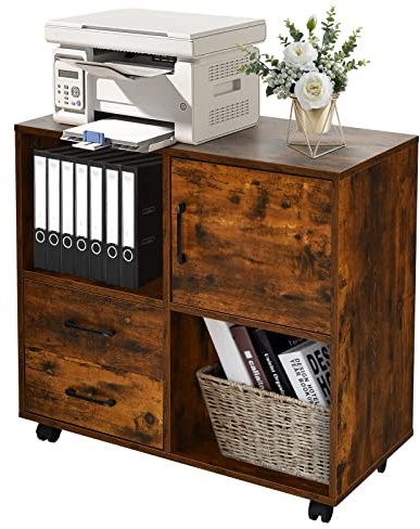 SFAREST Mobile File Cabinet, Document Filing Storage Printer Stand with Wheels, Open Compartment & Drawers, Wooden Lateral Stationery Organiszer Chest for Home Office (Rustic Brown, 80 x 38 x 74cm)