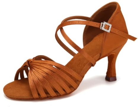 Scarpe da Ballo Latino Americano Donna in Raso Punta Aperta Tacco 7.5 cm | Professionale Salsa Tango Bachata Scarpe da Ballo da Sala Danza Pratica Prestazioni Scarpe, pelle scamosciata