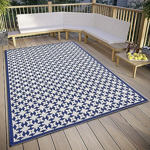 freundin Home Collection Antonia In- & Outdoor Teppich – Design Flachgewebe Geometrisches Muster, Wetterfest Außenteppich für Wohnzimmer, Flur, Balkon, Terrasse, Garten – Creme Blau, 80x150cm