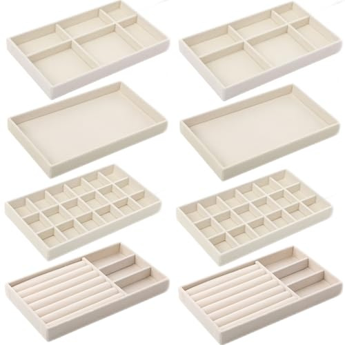 Inbagi 8 Pcs Small Velvet Jewelry Trays Stackable Drawers Organizer Inserts Divided Display Trays for Earring Ring Necklace, Beige