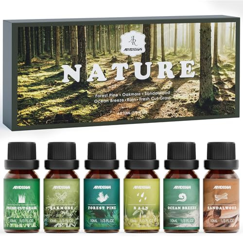 ARVIDSSON - Juego de aceites esenciales de naturaleza, aceites aromáticos para hacer velas, hierba recién cortada, brisa del océano, lluvia, pino, sándalo, musgo de roble, aceites aromáticos difusores