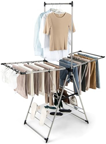 COSTWAY Sechoir à Linge Pliable, Etendoir Linge Interieur Pliable en Alu avec Cintre Haut et Filet de Séchage, Tancarville Linge Réglable 77-127 cm, 4 Porte-Chaussures, Pince de Chaussette Amovible
