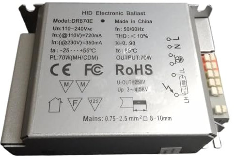 FYOCOXDS DR870E Ballast électronique HID AC 110-240 V 70 W 50/60 Hz adapté aux Lampes G12, G8.5, RX7S, TT Transformateur