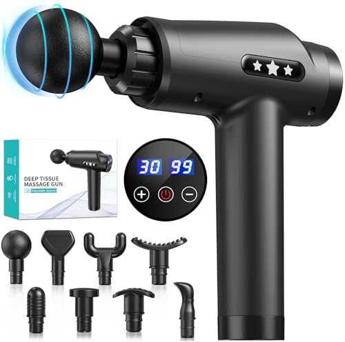 Massagepistole, Massage Gun Massagegerät für Nacken Schulter Rücken Körper Entspannung, Leise Handmassagegeräte mit 8 Massageköpfen & 30 Geschwindigkeiten, Muskel Massage Pistole mit LCD Touchscreen