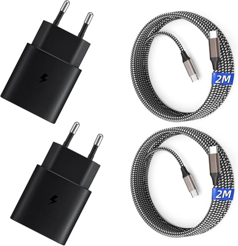 25W Chargeur USB C Secteur Charge Rapide pour Samsung Galaxy S25/S24/S23/S22/S21 Ultra/S20/S20+/Note 20/10/9/8/A73/A53/A52/S10/S9 et 1,8M Câble (25W-Nylon-Noir-2M)