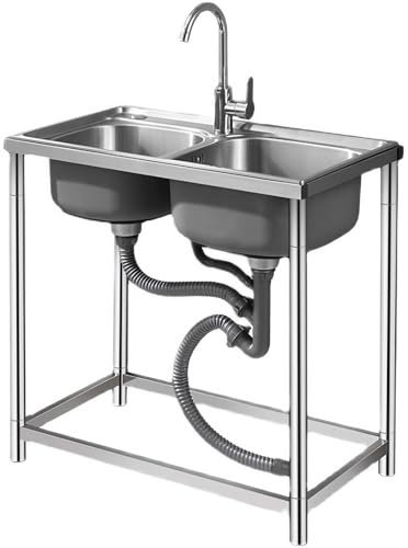 Spültisch Edelstahl 2 Becken，Freistehende Spüle mit Wasserhahn, Küchen Multifunktions Waschtisch für Waschküche, Hinterhof, Garagen(75x40cm/29.5x16inch)