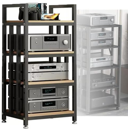 ZIUSFAC 4 Etagen Audioständer Medienständer CD-Player Regal HiFi Regal Verstärker Komponenten-Rack Stereo Entertainment-Center Record Player Stand Mit Verstellbaren Regalen(Black+Walnut)