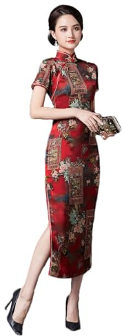 ZNLFS Women's Cheongsam Traditional Chinese Dress Side Slit Slim Fit Midi Dress Mandarin Collar Short Sleeve Qipao