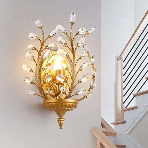 Ganeed Kristall Wandleuchten Antik Retro Vintage Französischer Stil Rustikale Innenwandleuchten für Flur Veranda Treppenabsatz Schlafzimmer 1 Licht E14 Gold (1 Packung)