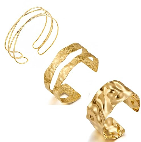 CPRNQY 3 Stück Oberarmreif Gold, Modeschmuck, Minimalistischer Schichtarmband, Eleganter Manschettenarmreif Runder Armreif, Set Verstellbar (Golden)