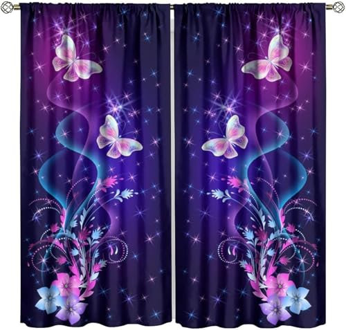 Vorhang Kinderzimmer Blumentier Schmetterling Kinder Vorhänge Mit Ösen Polyester Gardinen Thermovorhang Blickdicht Ösenschal Kindergardinen 280X180 cm (B + H) Für Wohnzimmer,2Er Set-619816866