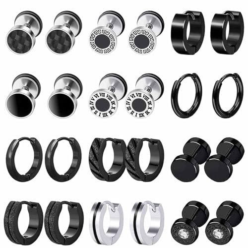 12 Paar Ohrringe Herren Schwarz Ohrringe Männer Edelstahl Hypoallergen Ohrringe Fake Plugs Ohrringe Silber Creolen Tunnel Ohrringe für Herren Damen