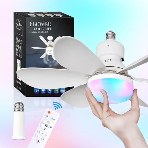 Socket Ceiling Fan with Light and Remote, 3 Fan Speeds, Stepless Dimmable, 3 Colours, 3000K-6000K, E27 Base Screw in Ceiling Fans Lights for Kitchen, Garage