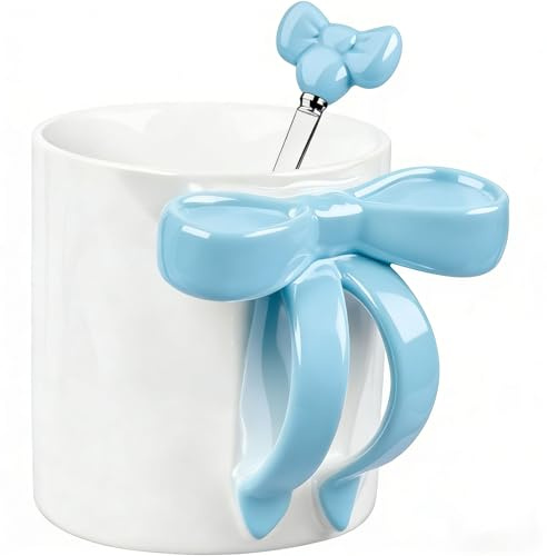 Disoza Taza de café de cerámica con lazo azul, 350 ml, con lazo y asa de porcelana, taza de té y café