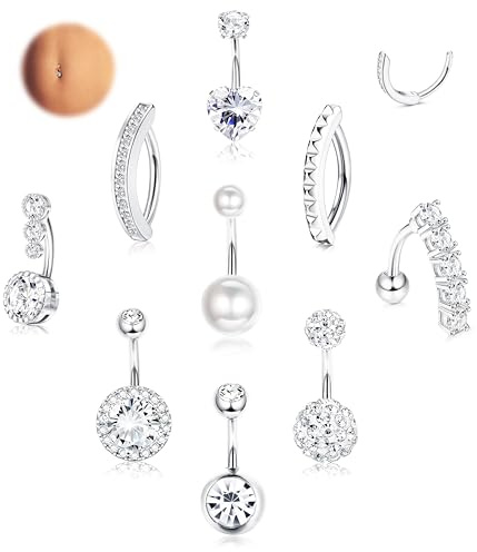 LOLIAS 9Piezas Piercings Ombligo para Mujeres, 14G Piercing Ombligo Acero Quirurgico, Piercing Ombligo Plata, CZ Clicker Piercing Ombligo pequeño 10mm