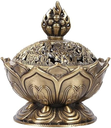 Risegun Bruciatore di Incenso Vintage con Motivo Fiore di Loto - Portaincenso in Lega di Rame per Bastoncini e Coni, Design Tibetano per Meditazione e Decorazione Domestica (Bronzo)