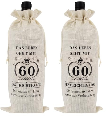 2 Stück 60 Geburtstag Weinflasche Tasche Jute, Geschenke zum 60 Geburtstag Mann Frau, Wein Geschenkbeutel Flaschen mit Kordelzug Wein Geschenktasche Weinflaschen Geschenktüten für Sektflaschen