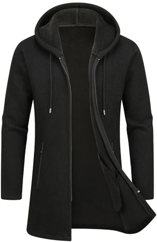 MODFUL - Suéter abrigado con capucha para hombre, cárdigan de punto con cremallera completa de longitud media con bolsillos, Negro, XXL