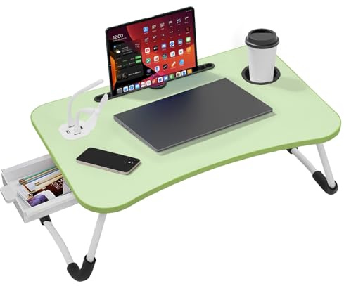 Foldable Laptop Table with USB Ports, Drawer, Cup Holder&Tablet Slot, Green | Small desk for sofa, bed, floor, terrace, balcony. Ideal for reading, studying, having breakfast, gaming, or home working.