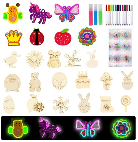 Holz Bastelset Kinder – Leuchtendes Holzmalerei Set mit Nachtleuchtfarbe | Magnete kinder Bastelsetfür Mädchen & Jungen | DIY Holz Kühlschrankmagnet Geschenk für Geburtstag & Party