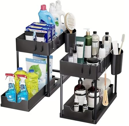 YUNYDSM Unter-Waschbecken-Regal 2 Etagen – mit Schublade & 8 Haken | 2-etagiges Unter-Waschbecken-Regal – Organizer mit Schiebeschublade, 8 Haken & 2 Tassen, multifunktional für Küche & Gewürze
