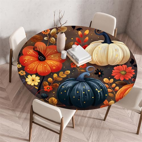 Treer Rund Tischdecke Abwaschbar, Halloween-Kürbis Lotuseffekt Tischdecken, Outdoor Tischdecke, Elastisch Rund Gartentischdecke, Table Cloth für Garten, Küche, Esstisch, Parteien (Bunt,60cm)