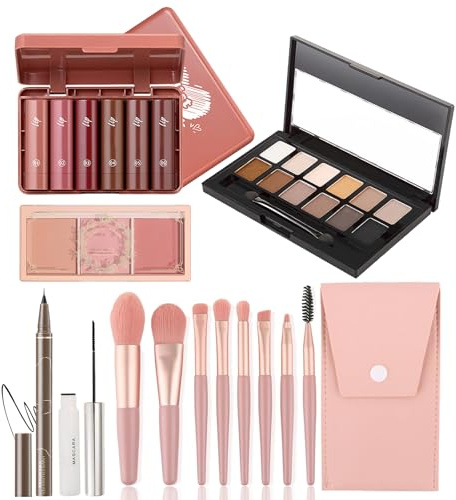 All In One Makeup Set - Make Up Set For Beginners - Make-Up Sets With Eye Cosmetics, 3 Colors Blusher, 6 Colors Lipstick & Makeup Brushs - Portable Makeup Kit For Travel Needs