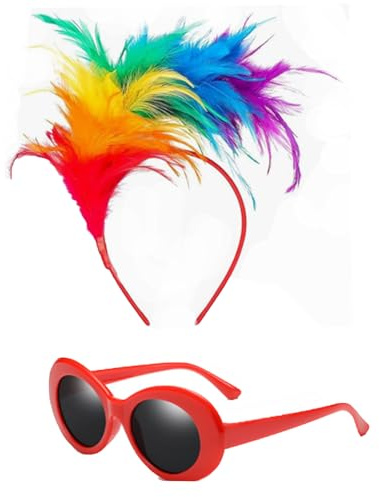 Yuwnd Papagei Kostüm Damen and Sonnenbrille Oval, Regenbogen Papagei Feder Haarband Stirnband, Haarschmuck für Damen, Kostüm Accessoire zur Hochzeit, Kopfschmuck zu Karneval, Fasching & Party
