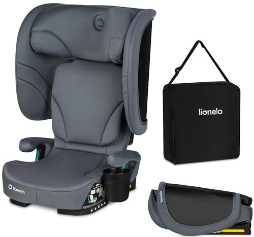 LIONELO Orin i-Size Hopfällbar Bilbarnstol 100–150 cm ISOFIX Lätt och Kompakt Resemodell med 14-stegs Nackstöd och 4-stegs Ryggstöd, Universell Passform, Brett Komfortsäte samt Transportväska – Grå