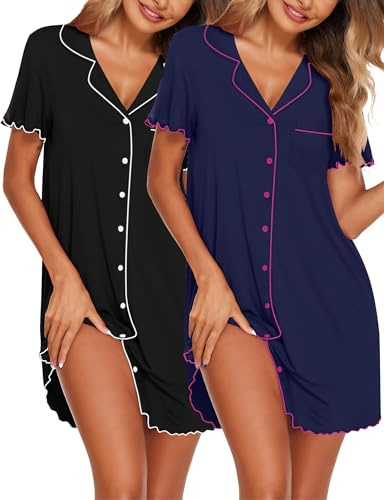 Ekouaer Camicia da Notte Donna Estiva in Due Pezzi Indumenti Maniche Corte Pigiama con Bottoni Confortevole Abito da Notte Aperta Davanti Scollo a V Nero/Blu Navy L