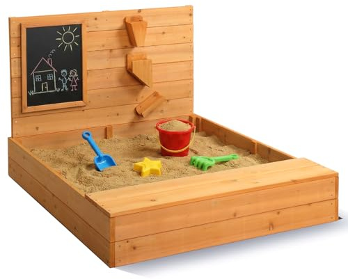 LEADZM Bac à Sable en Bois pour Enfants avec Banc, Tableau Noir et Entonnoir, 120 x 115 x 76.5 cm, Grand Bac à Sable Extérieur pour Jardin, Plage, Parc, Cadeau pour Garçons et Filles de 6 à 12 Ans
