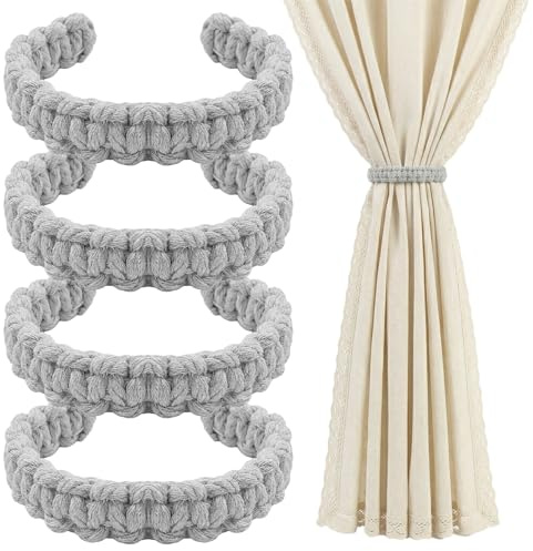 4 Piezas Alzapaños para Cortinas Bohemio Hoja,Alzapaños de Cortina Trenzados,Sujeta Cortinas,Ideal para el salón, el Dormitorio y la Oficina (Gris)