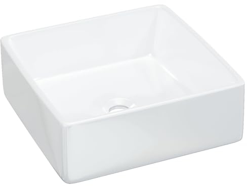 Lavabo quadrato in ceramica, bianco, 37 x 37 x 13 cm, lucido, per bagno, elegante lavabo da incasso con superficie liscia, robusto e durevole