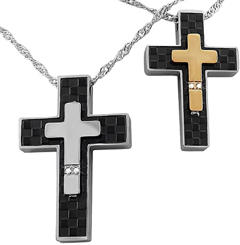 Hanessa 2 Stück Personalisierte Kette mit Gravur Edelstahl 45 cm mit Anhänger Kreuz mit Strass-Stein in silber schwarz gold - Personalisierte Geschenke für Damen Herren Freundin Freund