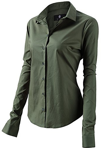 FLY HAWK Bluse Hemdbluse Damen Hemd Basic Kent-Kragen Elegant OL Work Slim Fit Langarm Stretch Formelle Hemden,Armee Grün, Größe 38, Hersteller - 10