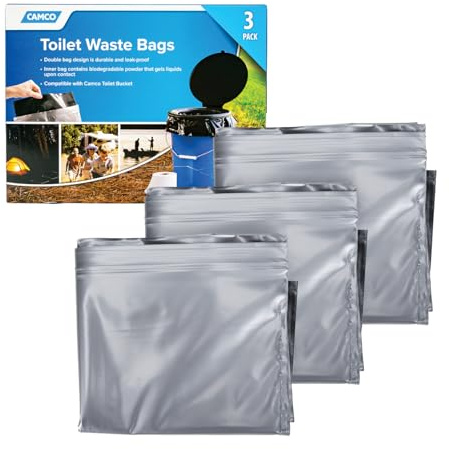 Camco toalettavfallspåsar – hållbar design med dubbla påsar som är läckagesäker – den inre påsen gör all vätska till gelé – perfekt för camping, vandring och jakt med mera – 3-pack (41547)