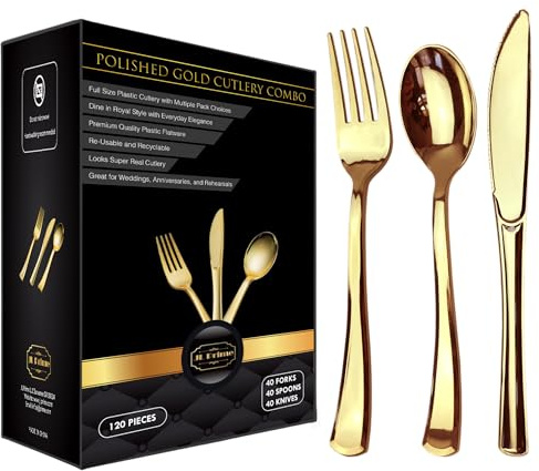 JL Prime 120 Gold Kunststoff-Besteck-Set - Strapazierfähige Einweg-Gold-Besteck, 40 Gabeln, 40 Löffel, 40 Messer