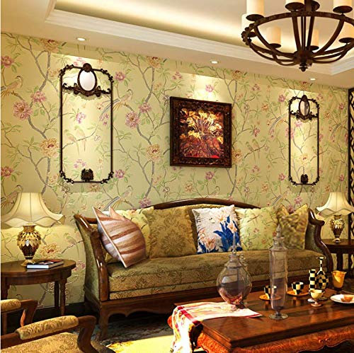 qunxun Pájaros Árboles Rama En Relieve con Textura No Tejido Papel Tapiz Floral con Motivos De Fondo Decoración para El Hogar Papel Tapiz Amarillo10m*0.53m