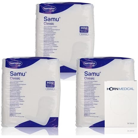 3x 20 Hartmann Samu Classic Wöchnerinnenvorlagen MINI im Set mit Horn Medical Hygienebeuteln aus Kunststoff