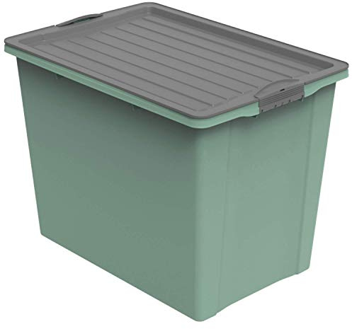 Rotho Compact Aufbewahrungsbox mit Deckel 70 L stapelbar Grün Anthrazit | Rollen für einfaches Verschieben im Haushalt, sicher verschließbar, platzsparend stapelbar, pflegeleicht, Grün und Anthrazit