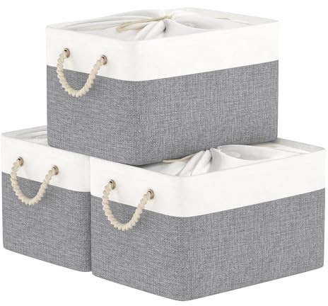 Yawinhe 3 Stück Faltbare Aufbewahrungsboxen,Korb,33x23x20cm,Weiß/Grau | Aufbewahrungskorb Stoff,mit Kordelzug-Abdeckung und 2 Griffen, Körbe Aufbewahrung,Kisten Aufbewahrung für Schrank und Regal