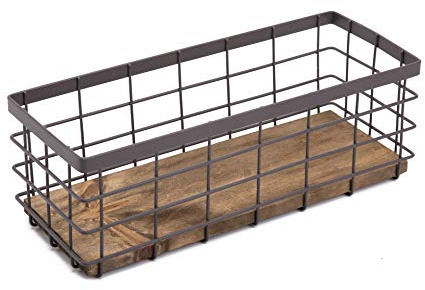 TIEYIPIN Small Metal Wire Storage Basket, Detachable Wood Base Storage Organizer Bin Basket for Kitchen Cabinets, Bathroom, Pantry, Garage, Laundry Room - Brown